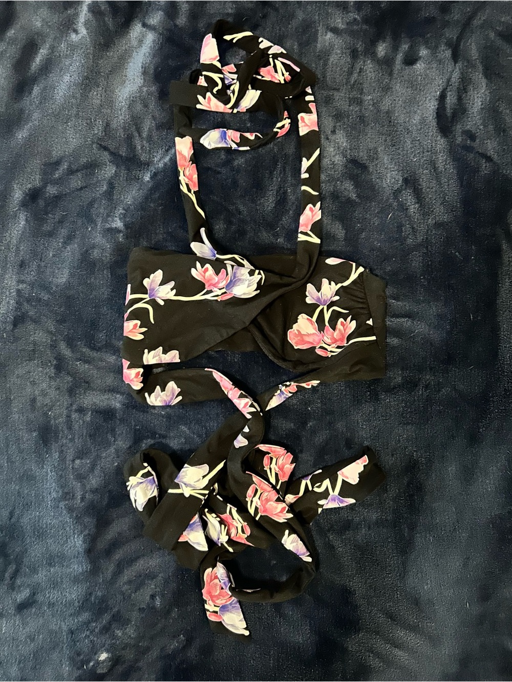 I.AM.GIA Black Floral Wrap Top with Pink and Purple Flowers